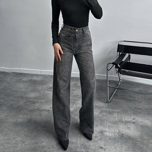 Trendy snake-pattern women's jeans with high waist and straight cut Lune London