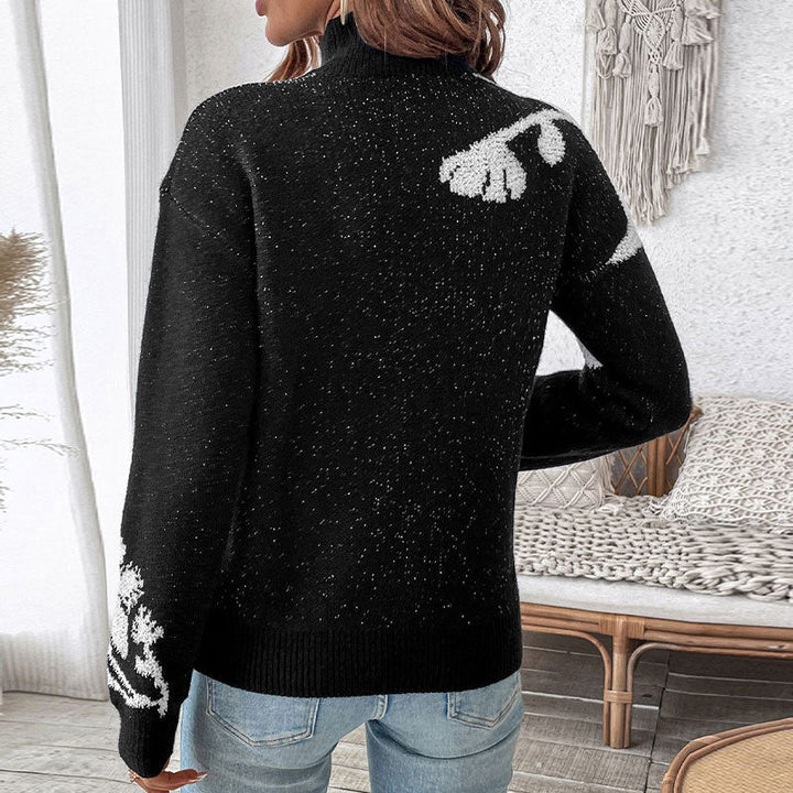 Women's Knitted Sweater with Floral Pattern and High Collar Lune London