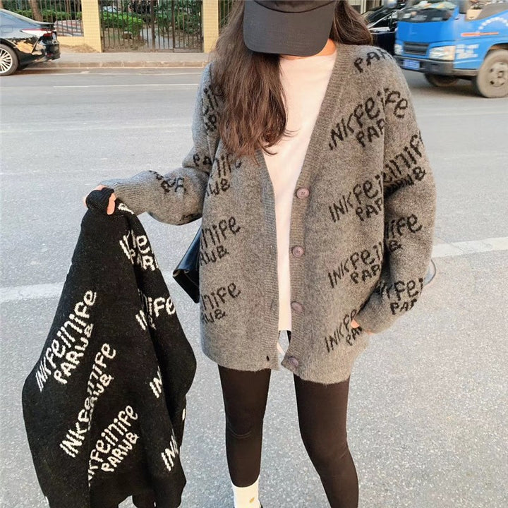 Ladies cozy knitted cardigan with unique logo design Lune London
