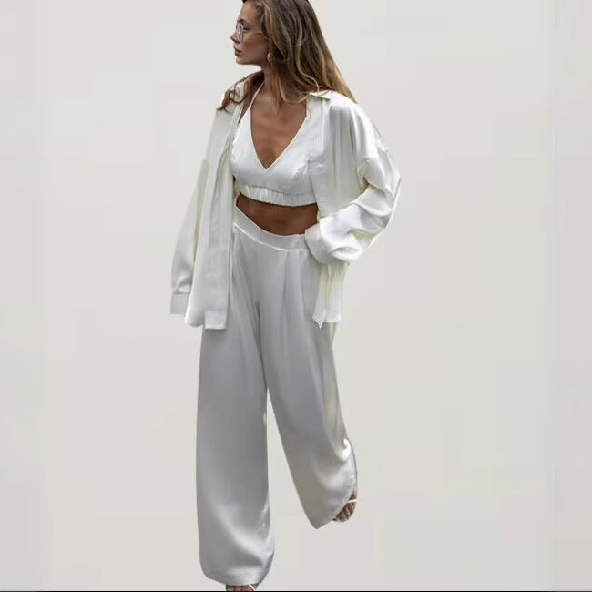 Women's set consisting of an elegant blouse, comfortable palazzo pants, and a trendy bralette Lune London