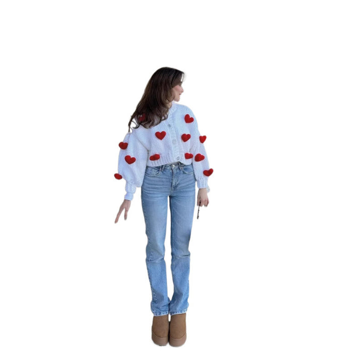 Ladies playful knitted cardigan with heart-shaped appliqués Lune London