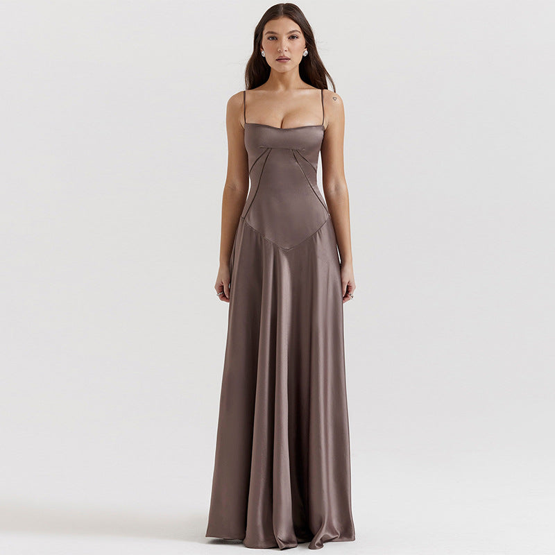 Women's Elegant Maxi Dress with Slim Spaghetti Straps and Flowing Satin Fall Lune London