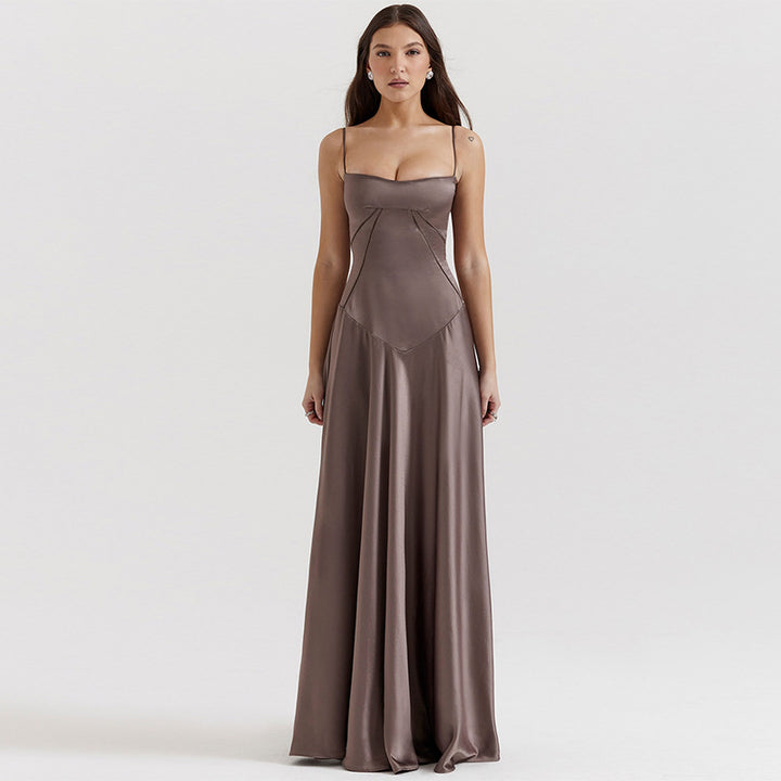 Women's Elegant Maxi Dress with Slim Spaghetti Straps and Flowing Satin Fall Lune London
