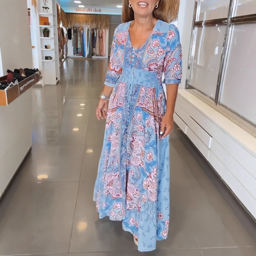 Maxi dress for ladies with paisley floral pattern and flattering V-neck Lune London