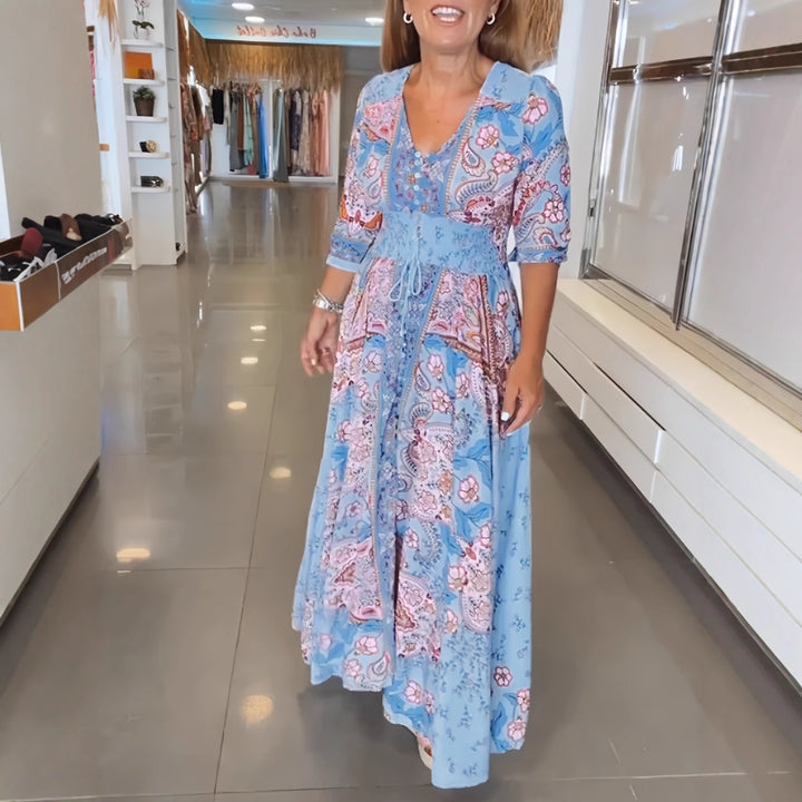 Maxi dress for ladies with paisley floral pattern and flattering V-neck Lune London