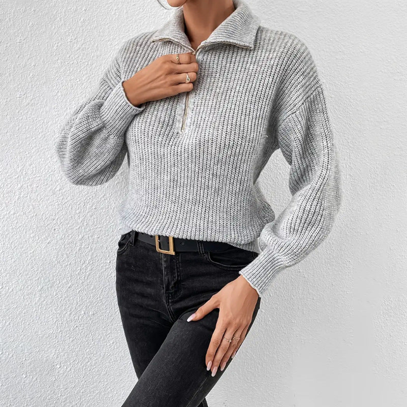 Women's Fashionable Sweater with High Collar and Zipper Lune London