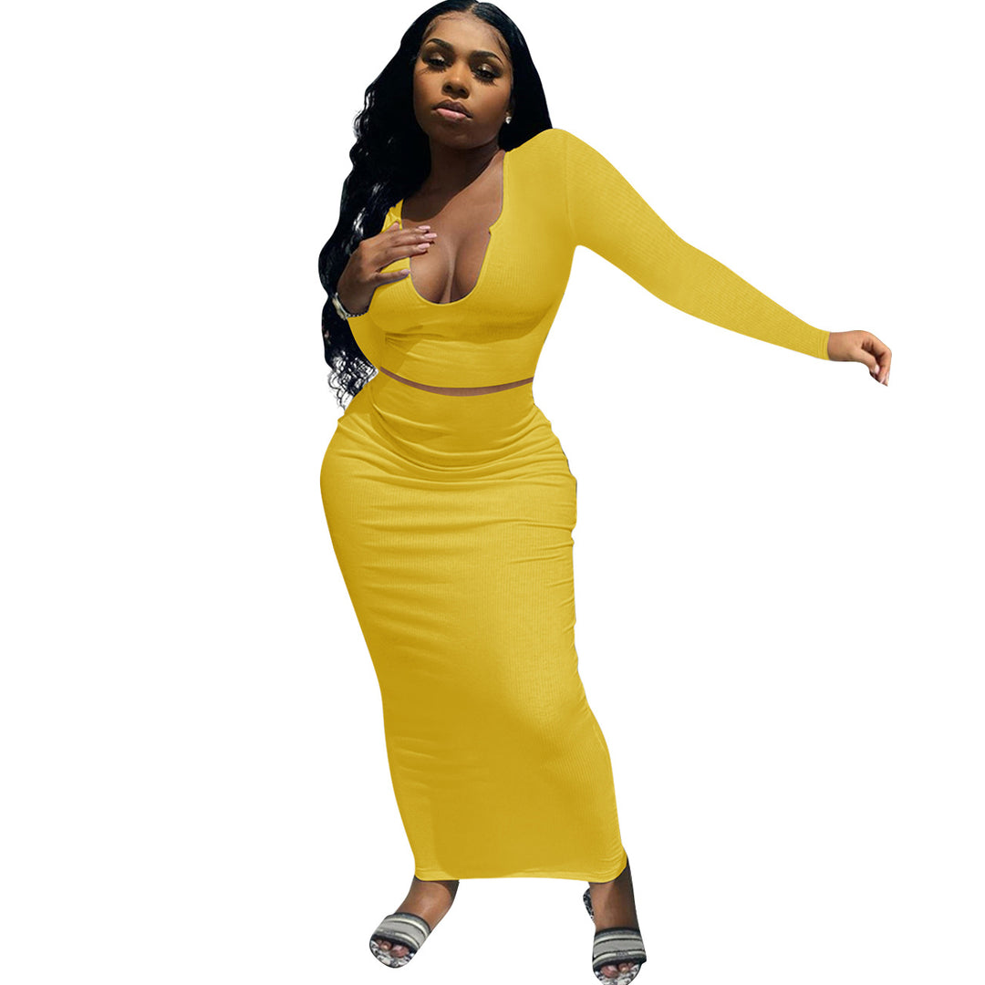 Fitted maxi dress for women with long sleeves and deep V neckline Lune London