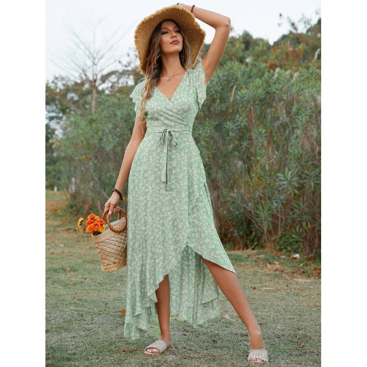 Lune London women's maxi dress with fluid sleeves and floral height difference