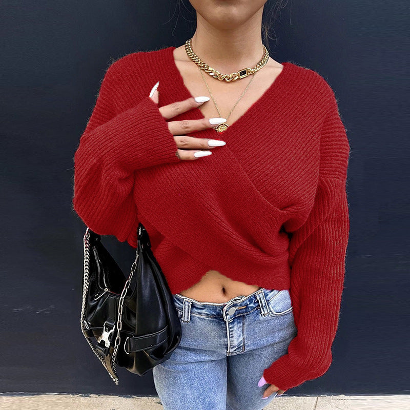 Ladies cozy wrap sweater with deep V-neck and wide sleeves Lune London