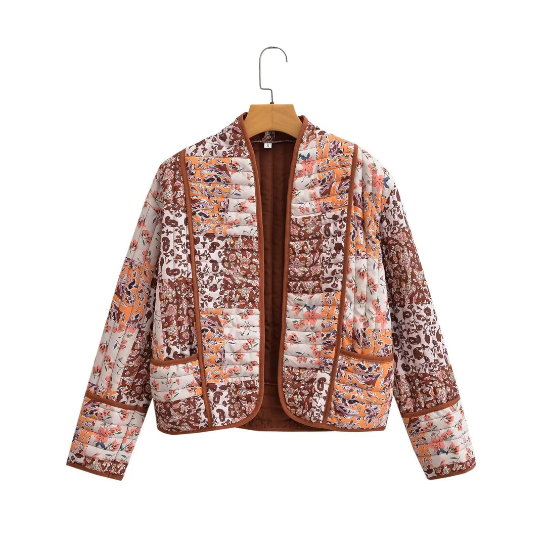 Fashion quilted jacket for women with a colorful floral patchwork design Lune London