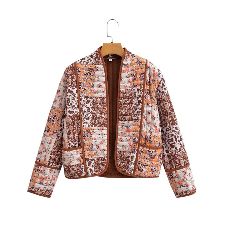 Fashion quilted jacket for women with a colorful floral patchwork design Lune London