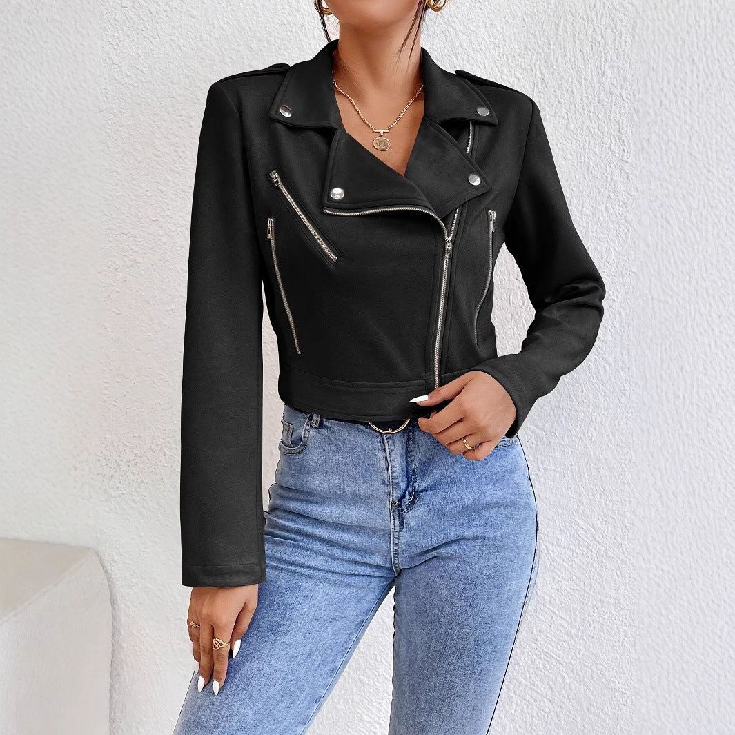 Women’s faux leather biker jacket with attractive zip details and a modern fit Lune London