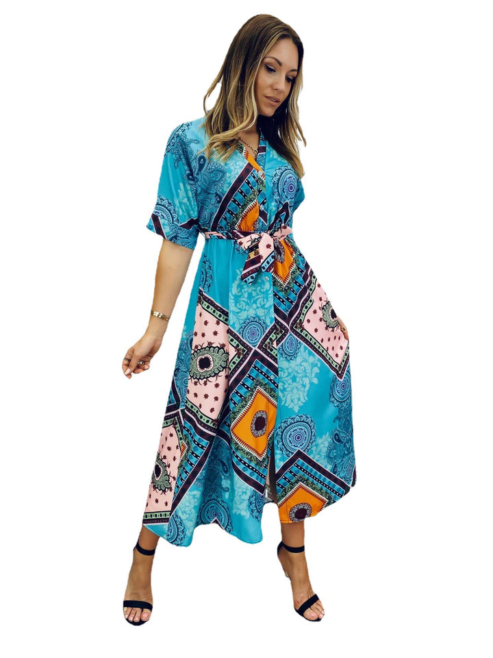 Maxi slip dress inspired by bohemian style for women with an elegant tie belt Lune London