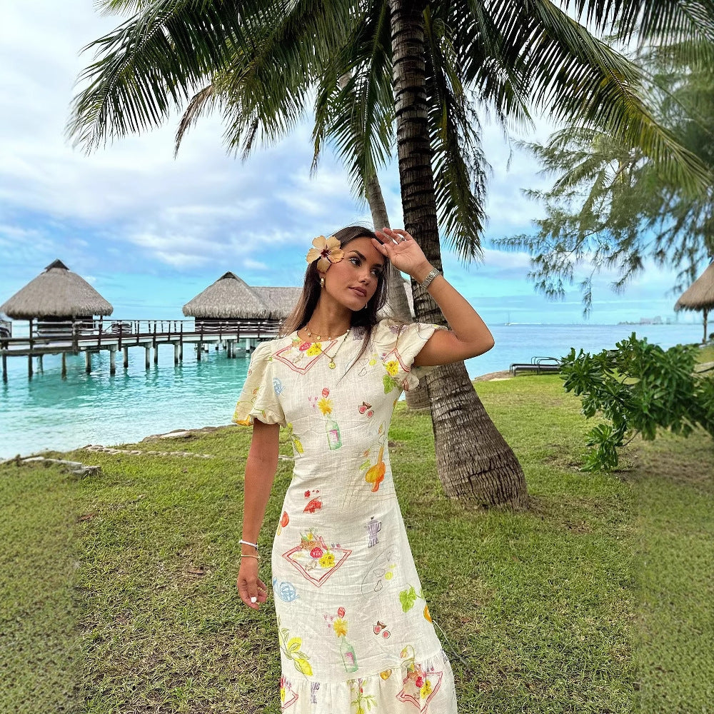 Maxi dress for women with colorful print and fluid ruffles Lune London