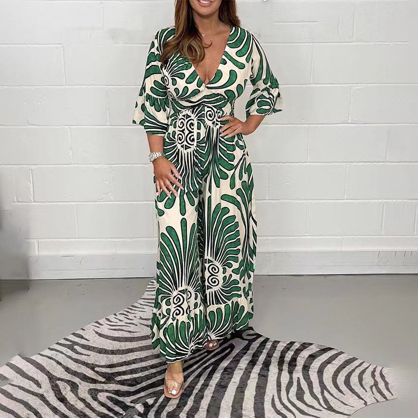 Maxi dress for women with V-neck and flounces Lune London
