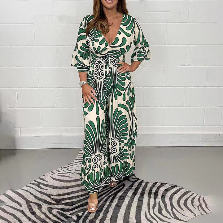 Maxi dress for women with V-neck and flounces Lune London