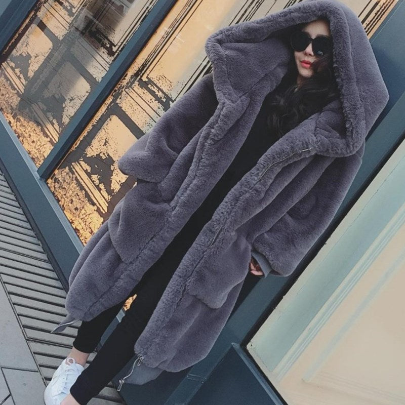 Ladies Oversized Faux Fur Coat with Hood and Pockets Lune London