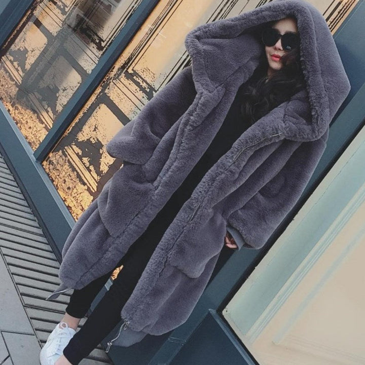 Ladies Oversized Faux Fur Coat with Hood and Pockets Lune London