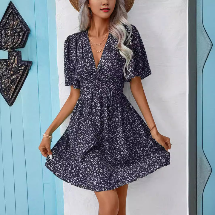 V-neck dress with snowflake pattern for women with puff sleeves and elastic belt Lune London