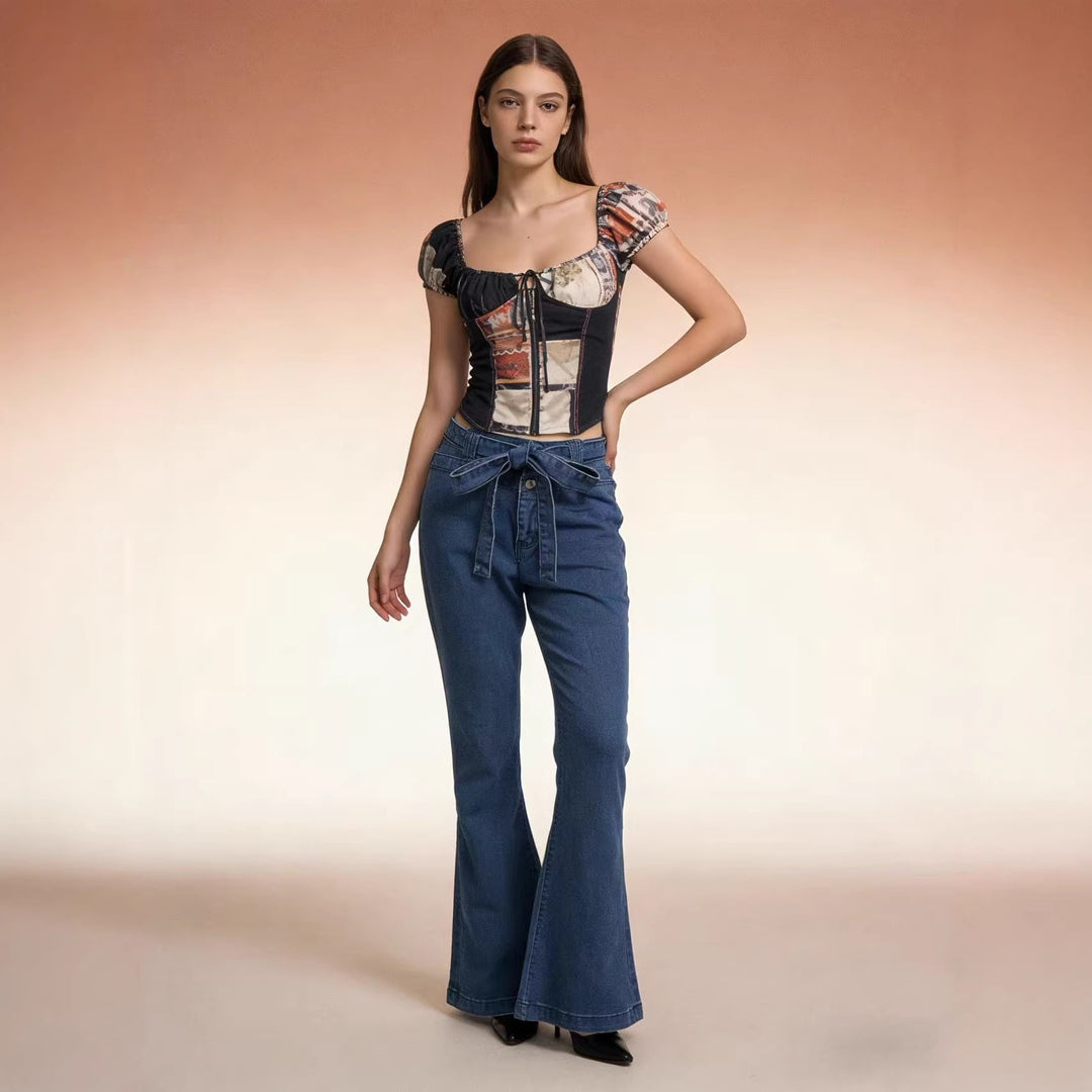 Women's Flared Jeans with Belt and High Waist Lune London