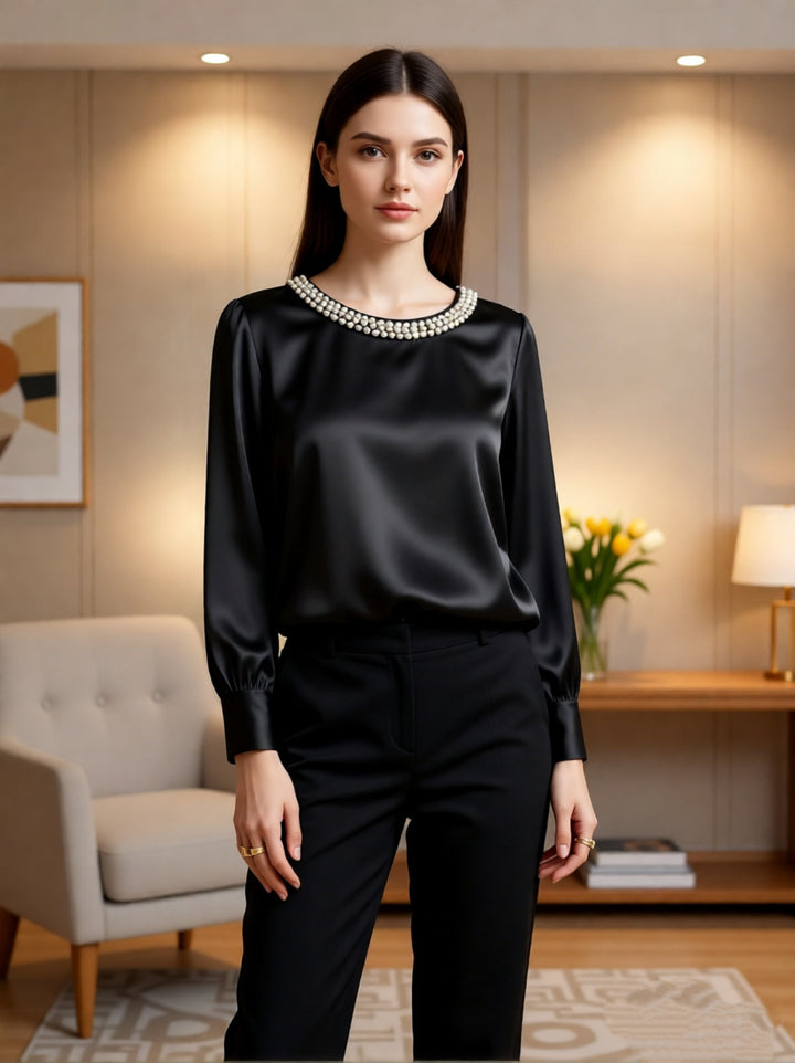 Ladies elegant satin blouse with pearl collar Lune London