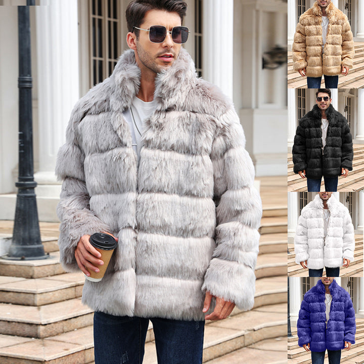 Trendy faux fur jacket for men with high collar and practical pockets Lune London