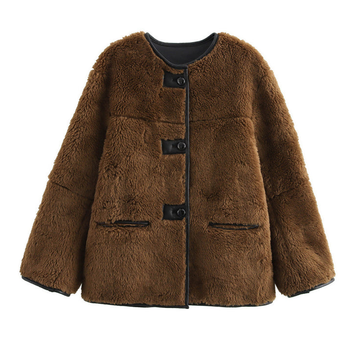 Teddy jacket for women with contrasting pockets and Lune London button details