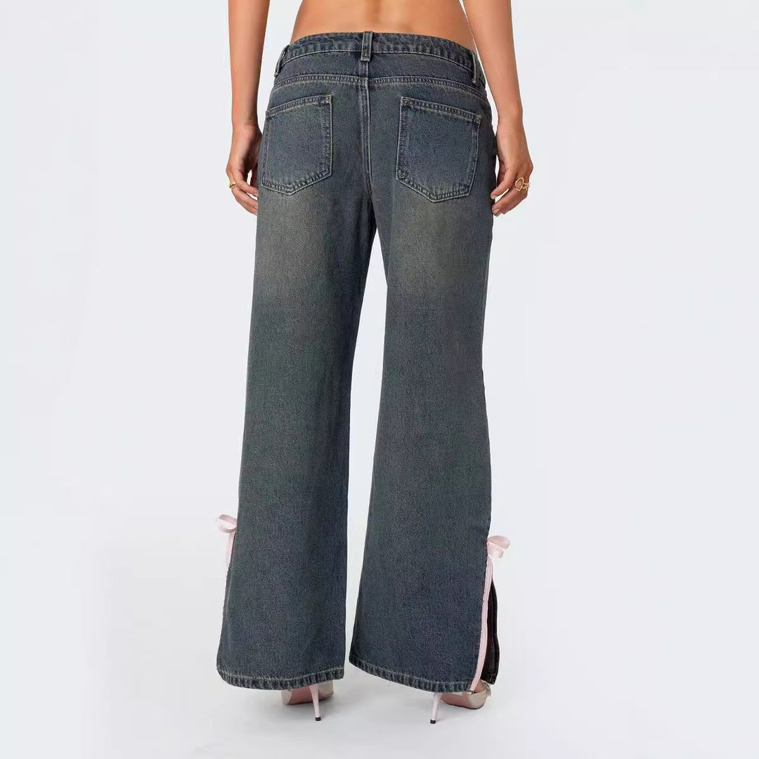 Women's High Waist Denim Pants with Fashionable Bow Details Lune London