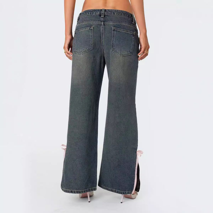 Women's High Waist Denim Pants with Fashionable Bow Details Lune London