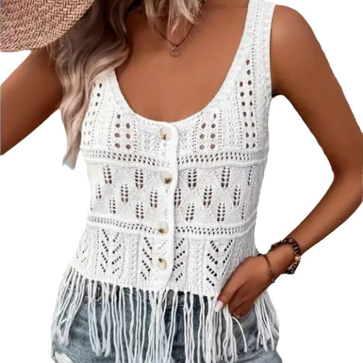Crochet tank top for women with fringe details and button placket Lune London