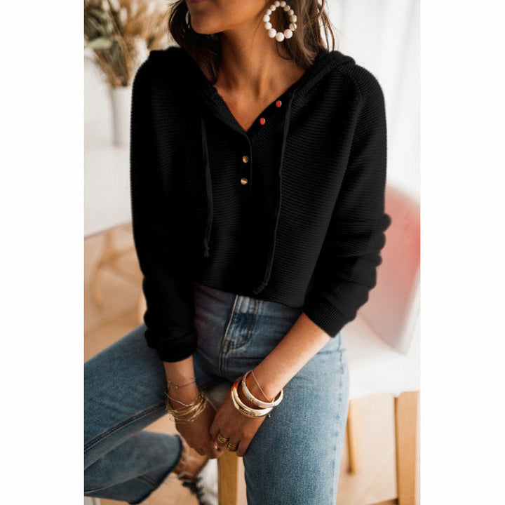 Lune London | Women's Loose Fit Knit Texture Button Details Adjustable Hood