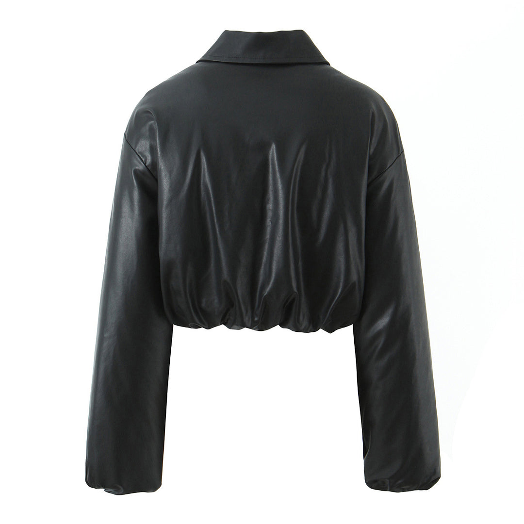 Cropped faux leather jacket for women with elastic waist and classic high collar Lune London
