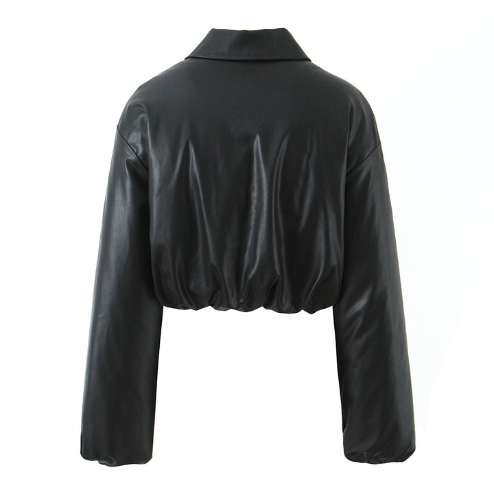 Cropped faux leather jacket for women with elastic waist and classic high collar Lune London
