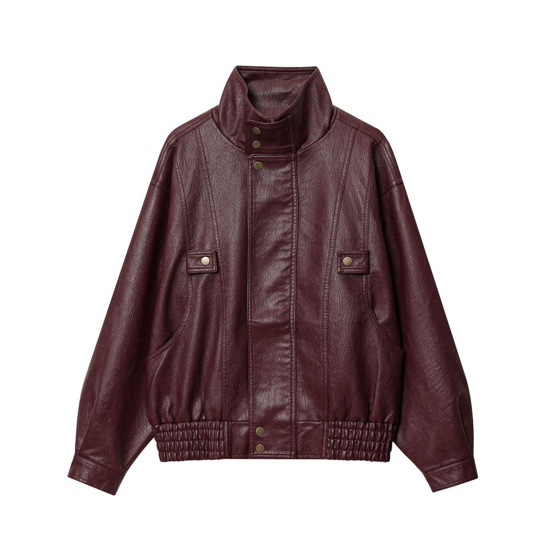 Faux leather jacket for women with high collar and practical pockets Lune London