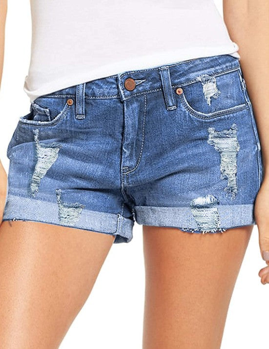 Women's fashionable destroyed denim shorts with rolled hem Lune London