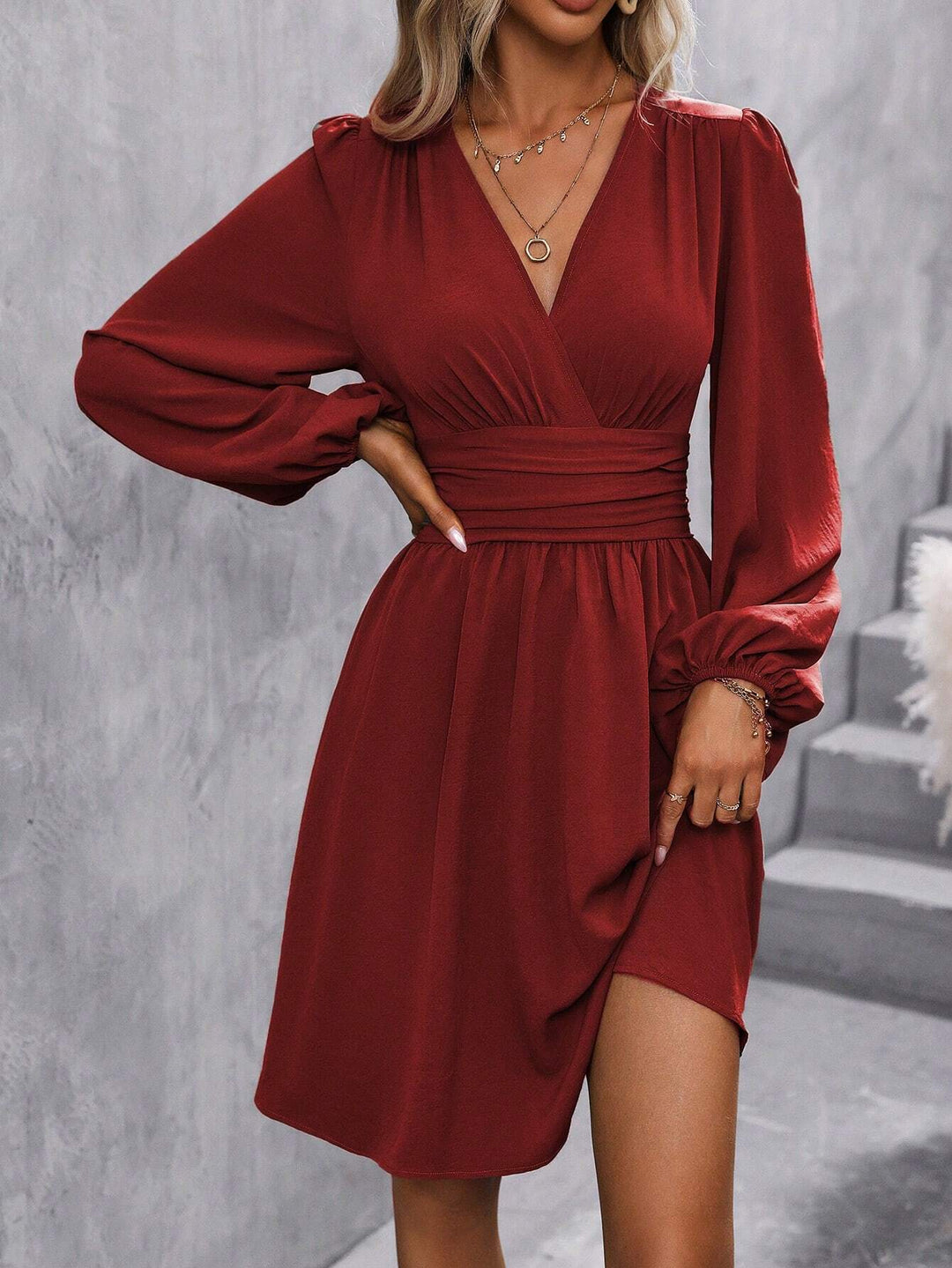 Modern wrap dress for ladies with casual puff sleeves and a waist belt Lune London
