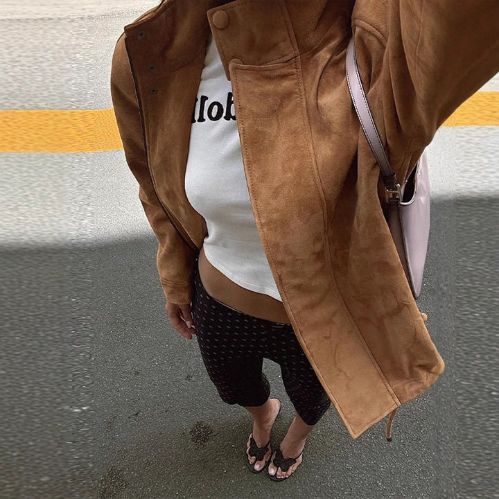 Suede jacket for women with modern collar and fitted design Lune London