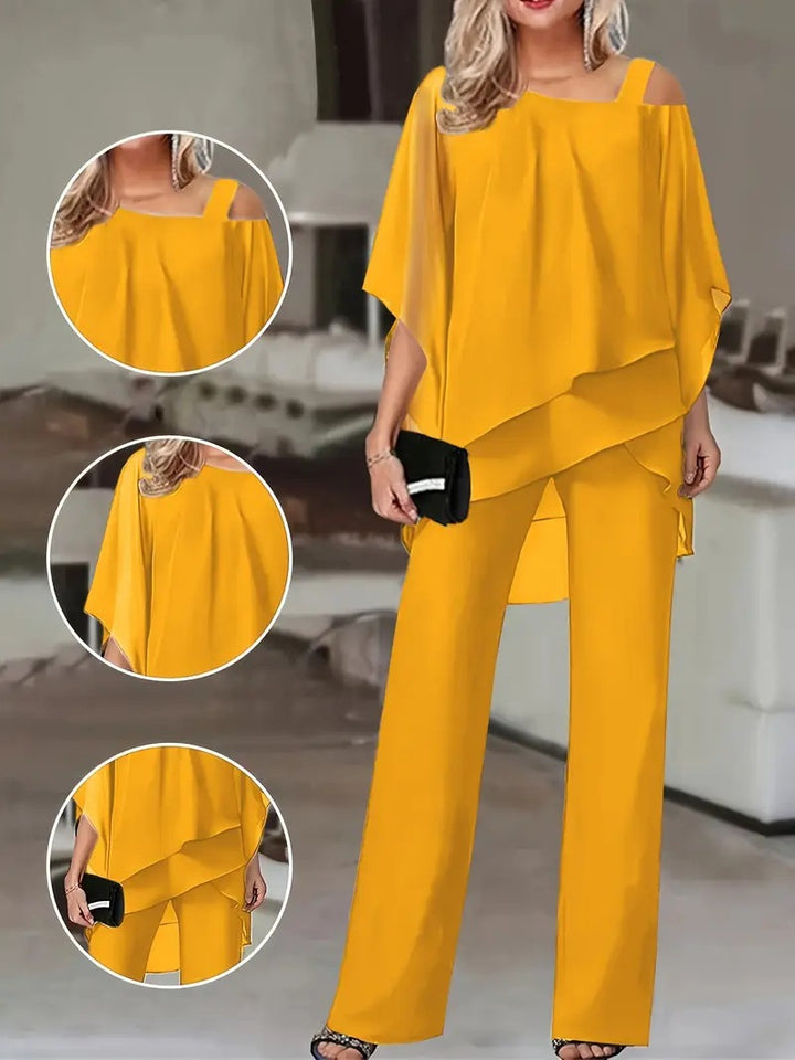 Ladies Elegant Two Piece Set with Fluid Top and Chic Flared Pants