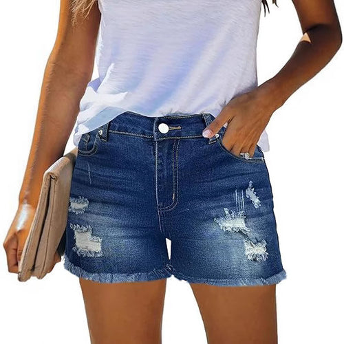 Women Destroyed Denim Shorts with Frayed Hems and Casual Fit Lune London