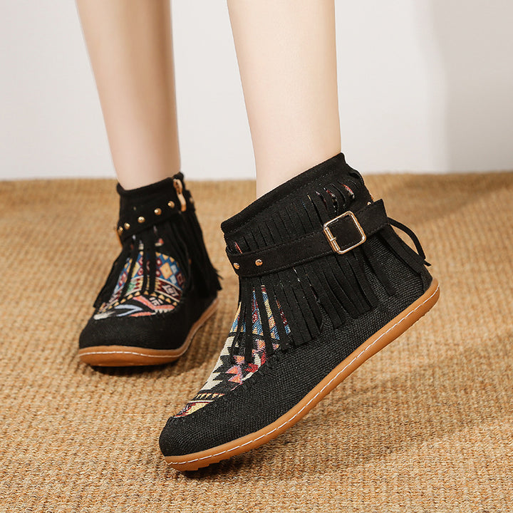 Short fringe boots for women made of high-quality fabric with a colorful ethnic pattern Lune London