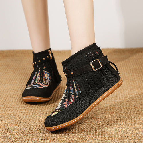 Short fringe boots for women made of high-quality fabric with a colorful ethnic pattern Lune London