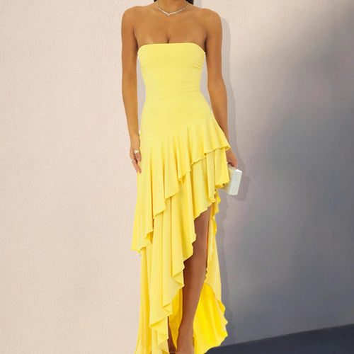 Maxi strapless dress for women with voluminous ruffled hem and side slit Lune London