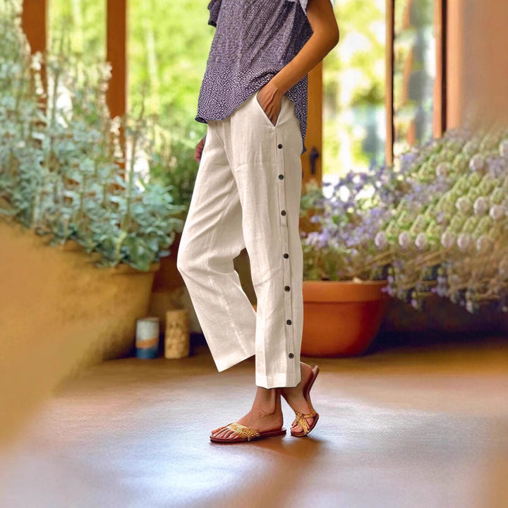Women Lightweight and Breezy Summer Pants with Side Buttons Lune London