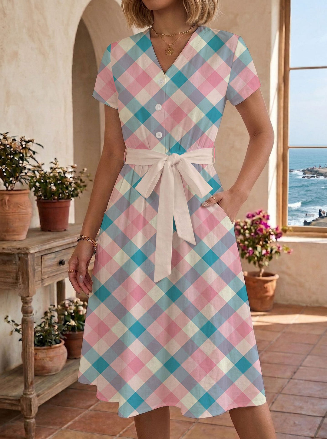 Women's casual maxi dress with adjustable knot and decorative check pattern Lune London
