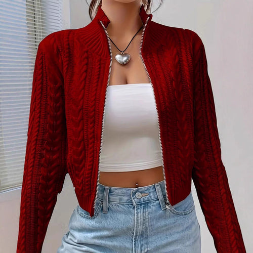 Trendy zip-up women's knit jacket with rich detail structure Lune London