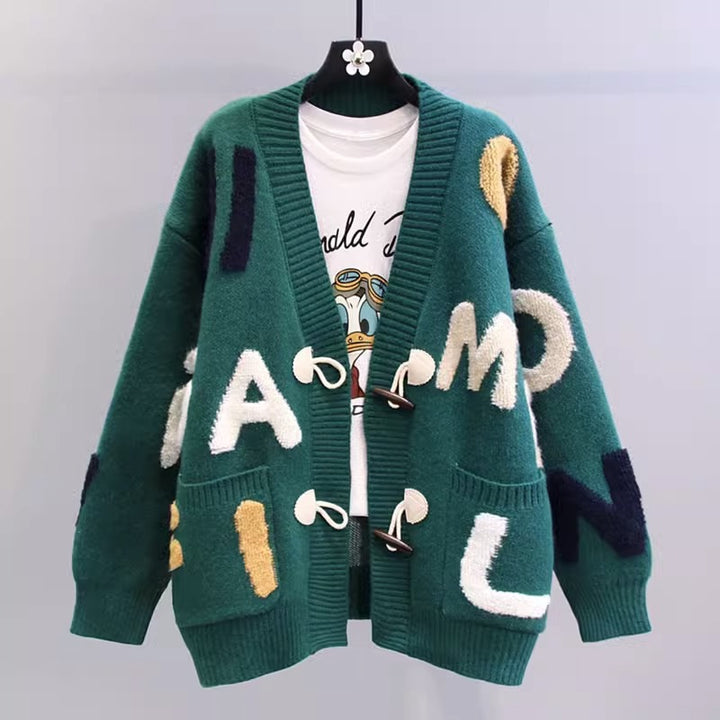 Women’s knit jacket with colorful letter pattern and practical pockets Lune London