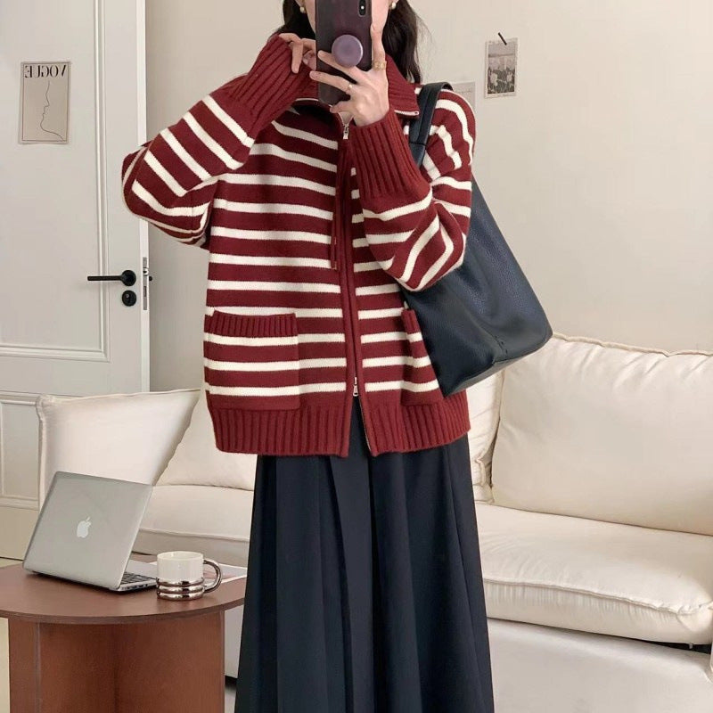 Women's knitted jacket with a modern striped pattern and practical pockets Lune London