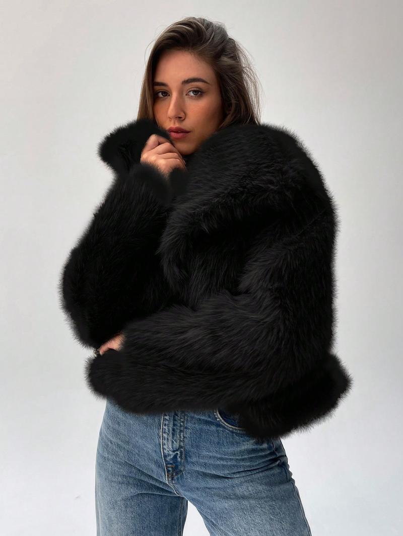 Women Cropped Faux Fur Jacket with Puffy Sleeves Lune London