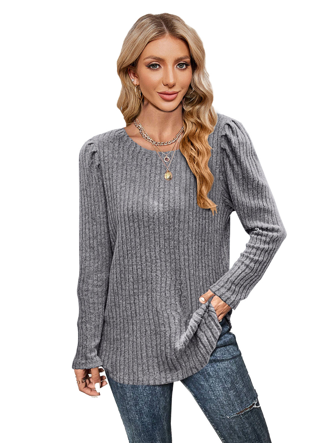 Knit sweater for women with puffed sleeves and fine rib pattern Lune London