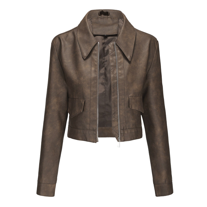 Trendy cropped synthetic leather jacket for women with classic wave collar Lune London